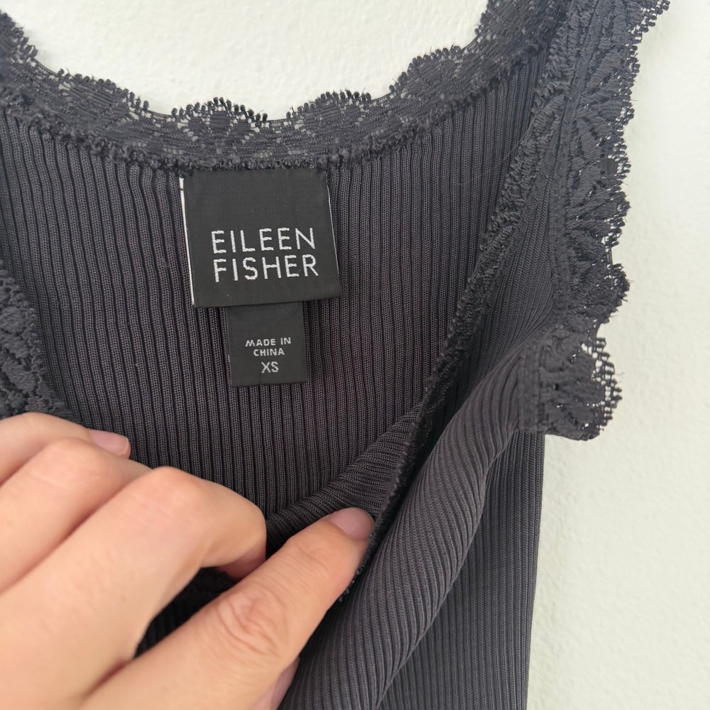 Eileen Fisher Womens XS Black 100% Silk Ribbed Lace Trim Camisole Tank Top - Picture 4 of 7